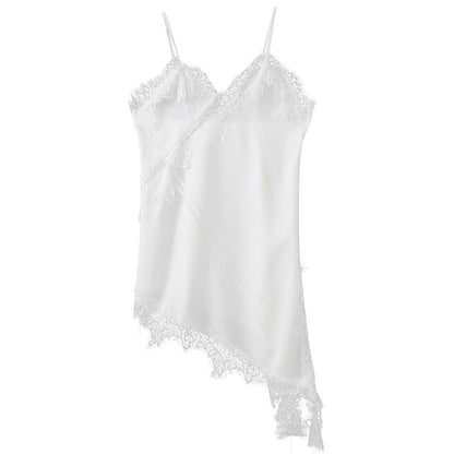 New French temperament V-neck eyelash lace slim primer suspender asymmetrical hem top women