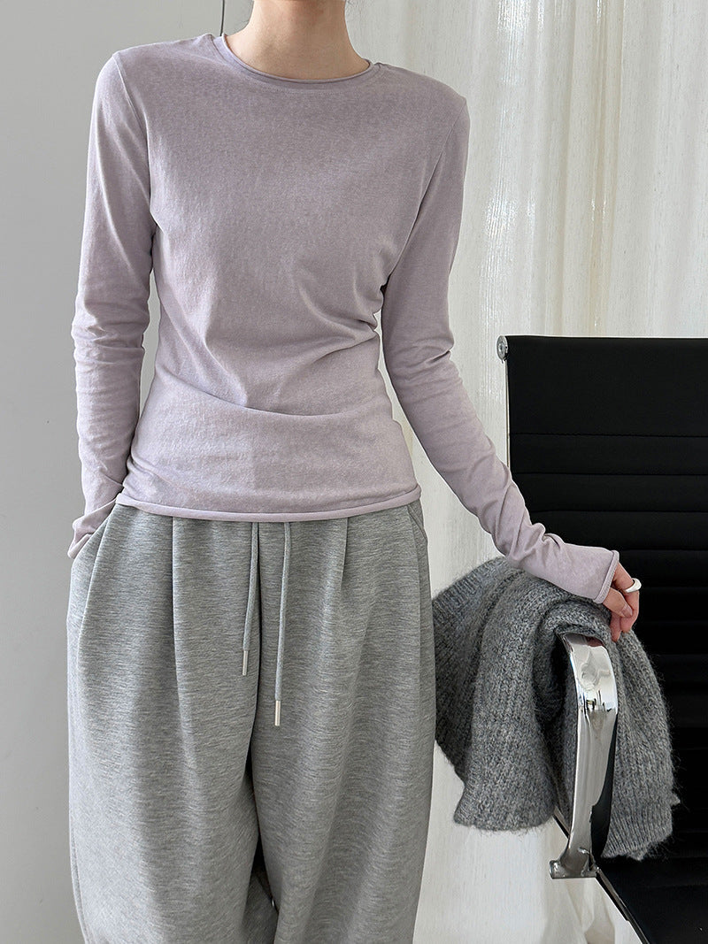 Korean versatile curled round neck T-shirt bottoming shirt women's autumn new long-sleeved slim-fit top
