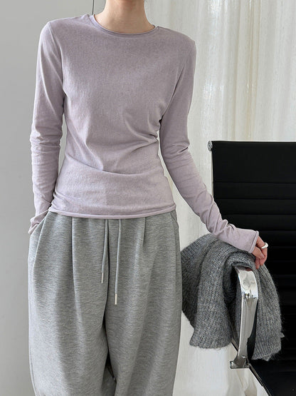 Korean versatile curled round neck T-shirt bottoming shirt women's autumn new long-sleeved slim-fit top