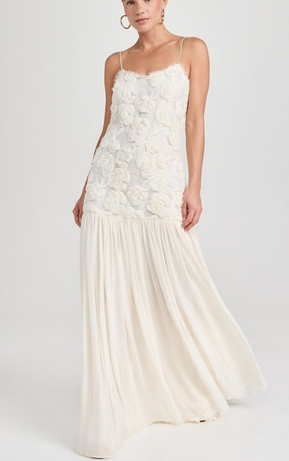 Women's new fashion celebrity chiffon long dress three-dimensional flower splicing suspender dress