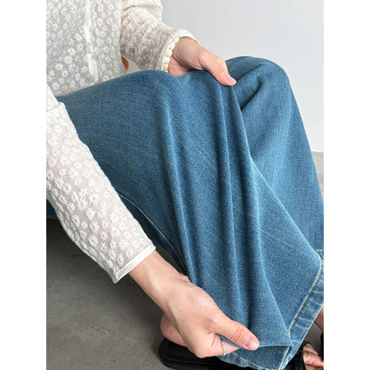 Korean simple four-sided elastic and thin with belt wide-leg pants women's 26 spring new jeans