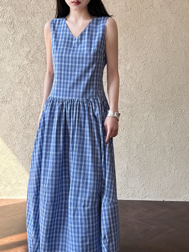 Blue plaid French dress women's spring and summer new V-neck bud vest skirt big swing dress