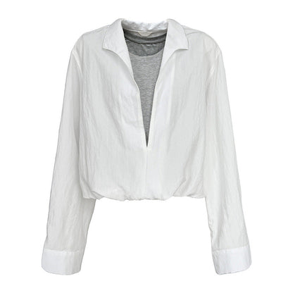 Korean simple fake two lazy style shirts in summer, a new spliced V-neck age-reducing long-sleeved shirt