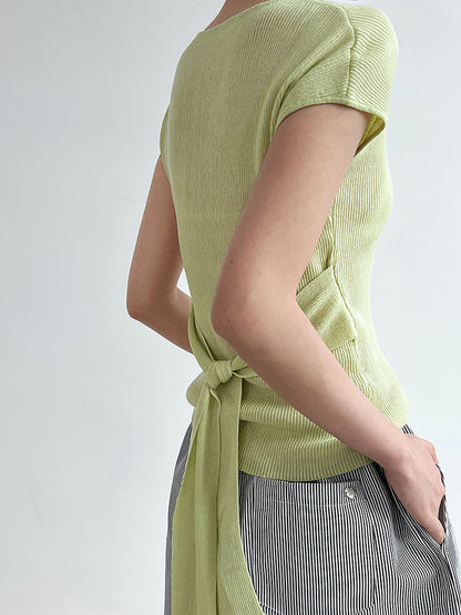 French V-neck knitted short-sleeved T women's summer new basic commuter versatile slim stretch top