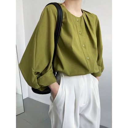 Cotton and linen texture lantern sleeve shirt