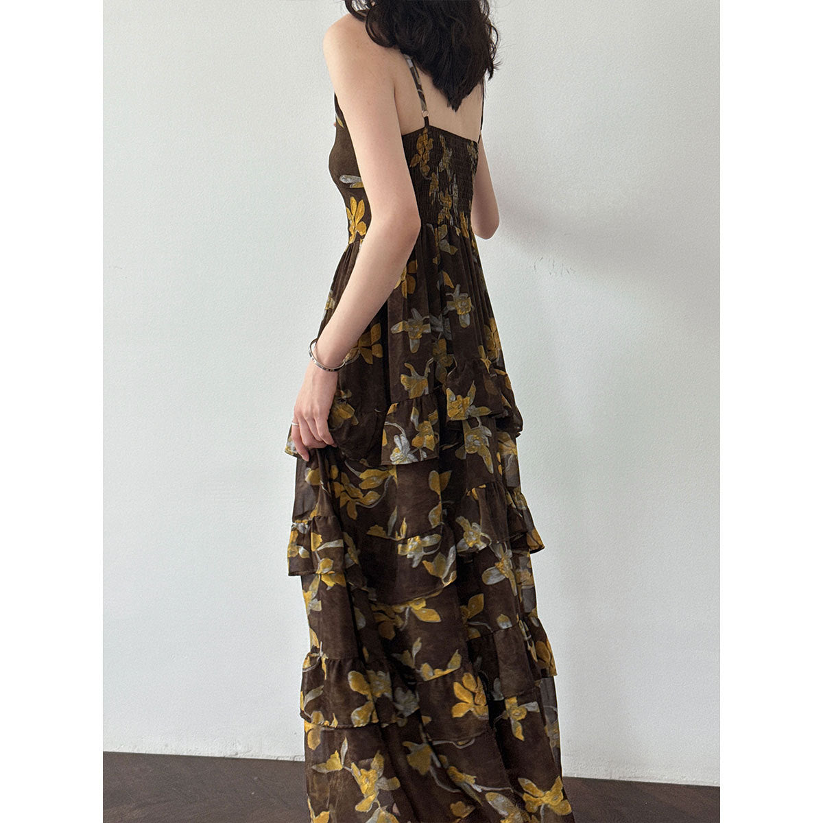French elegant blended floral V-neck sundress women's summer new waist lace sundress