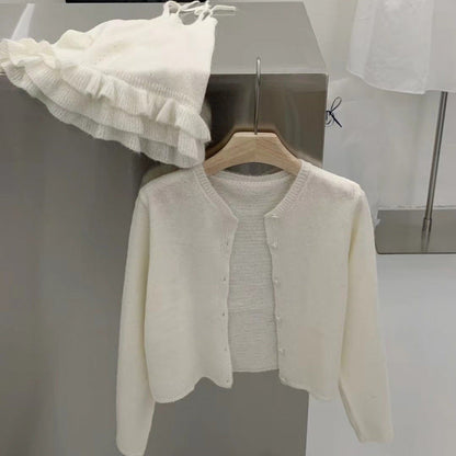 Lotus leaf edge solid color skin-friendly knitted cardigan suspender vest two-piece set