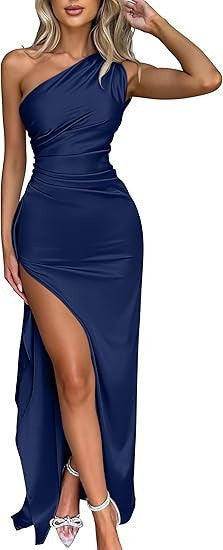 Year, single shoulder pucker split ends sexy satin dress summer temperament slim fit