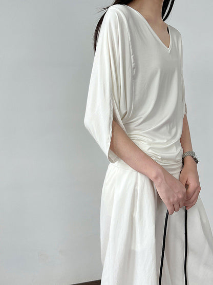 Korean Lazy Wind V-Neck Waist Bat Sleeve T-Shirt Women's Summer New Skinny Short Sleeve Top