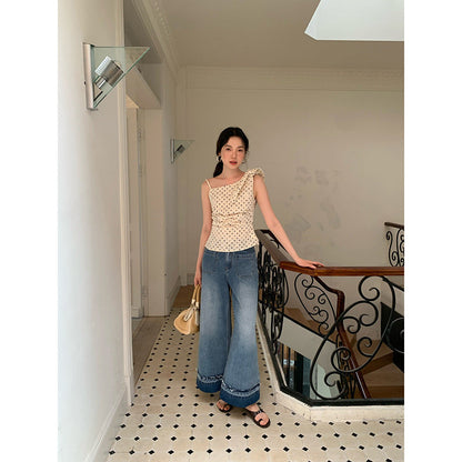 Washed light blue crimped woolen straight jeans