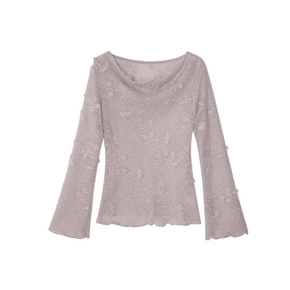 Hollow heavy industry jacquard swing neck long-sleeved bottoming shirt top