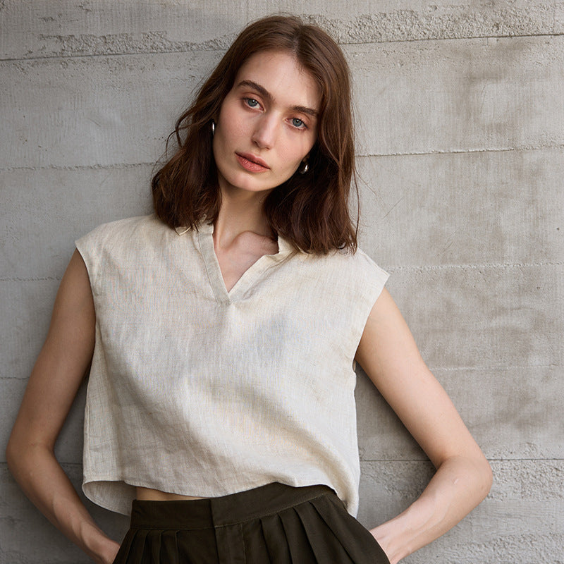 Pure Linen Sleeveless Collar Shirt