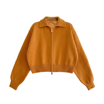 High-end short double zipper sweater jacket women's autumn knit cardigan polo lapel top
