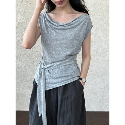Korean temperament simple swing neck knitted short-sleeved top women's summer asymmetrical lace-up thin T-shirt
