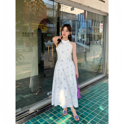 Floral white moonlight high-waisted stand-up collar sleeveless dress