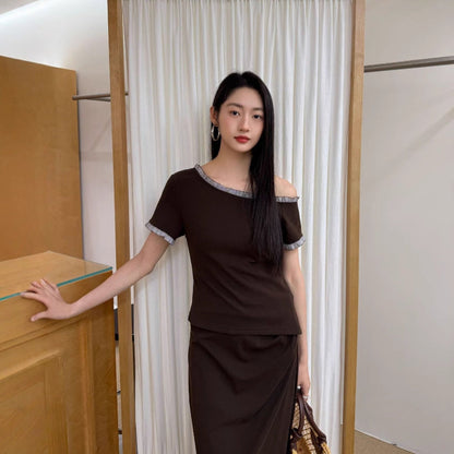 Pleated Skirt Slash Shoulder T-Shirt Two-piece Set