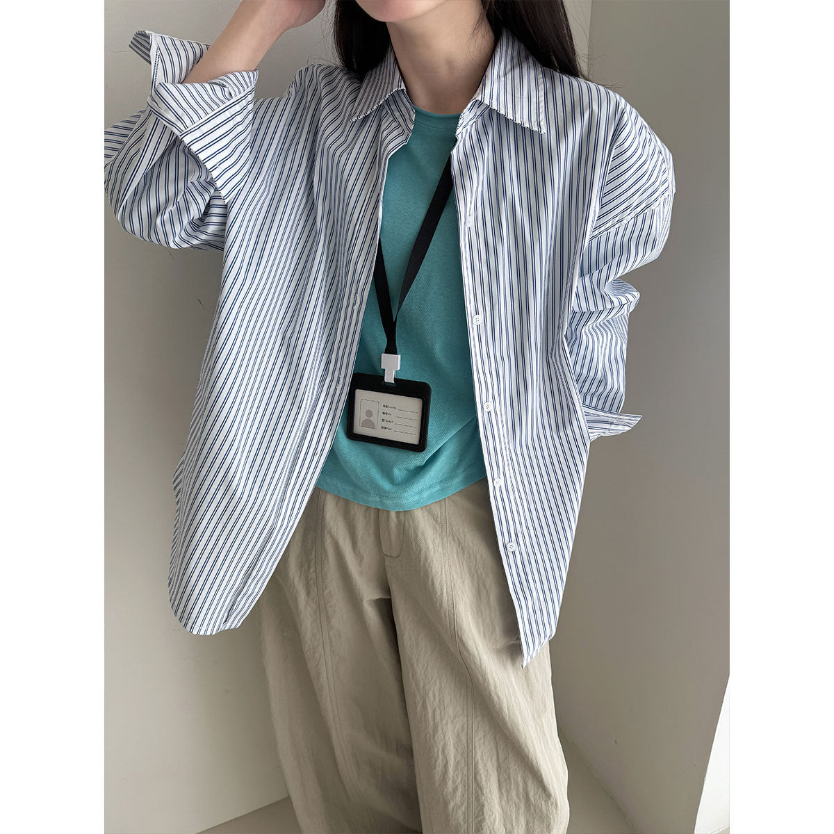 Simple loose shoulder casual vertical striped shirt women's 26 spring new high-end top jacket