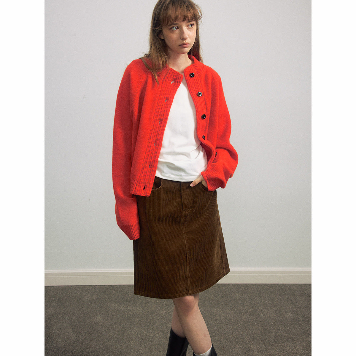 Autumn new casual all-wool stand-up collar simple solid color single-breasted wool cardigan