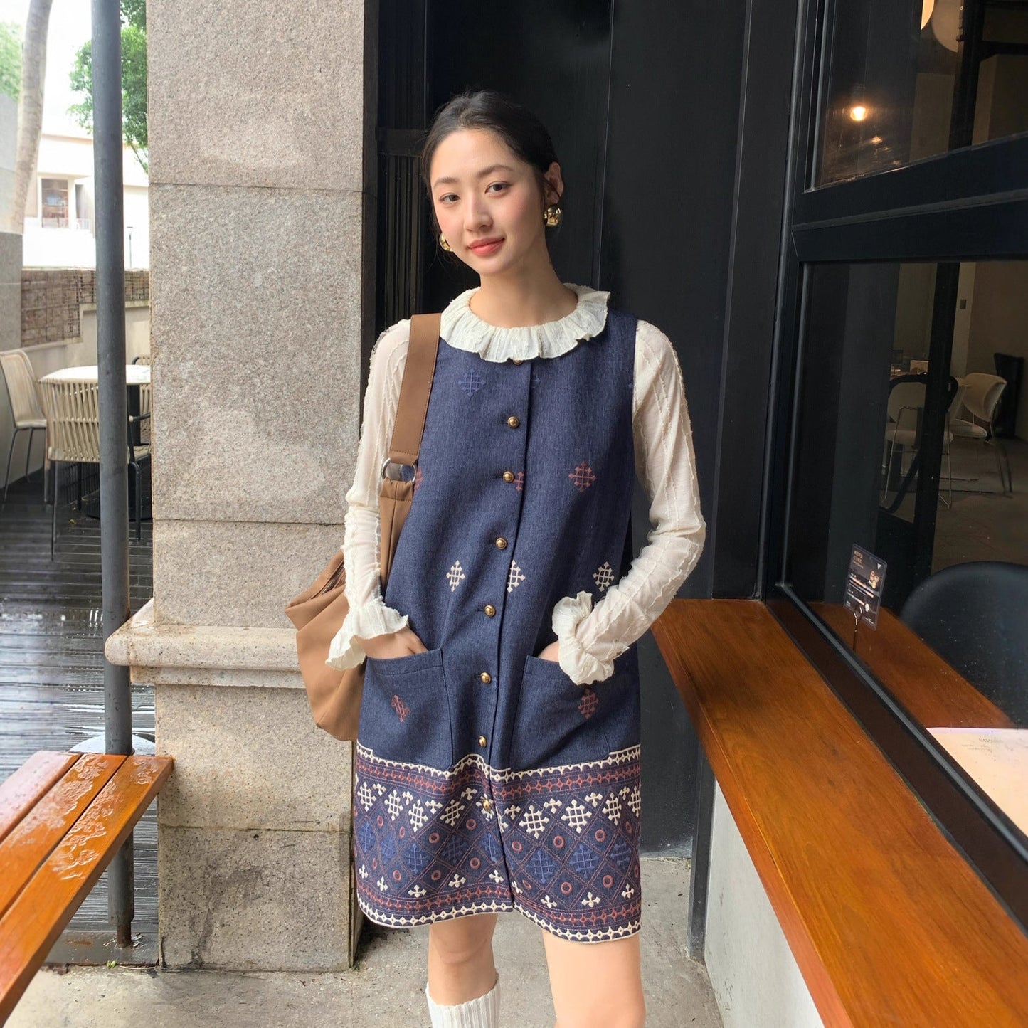 Women's Floral Embroidered Single-Breasted Sleeveless Vest Mini Dress