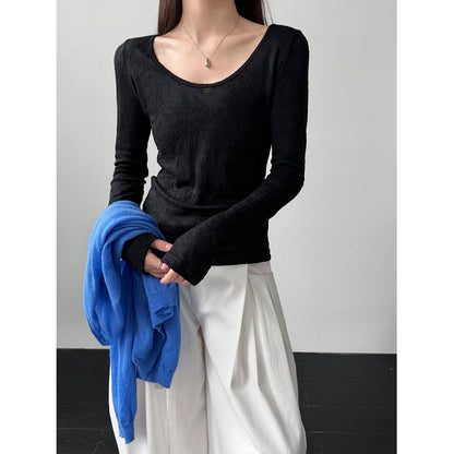 Gentle heavy industry jacquard big U-neck slightly transparent texture bottoming shirt women's spring new temperament top