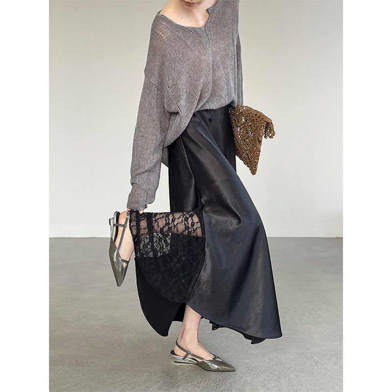 Satin Lace Large Swing Maxi Skirt