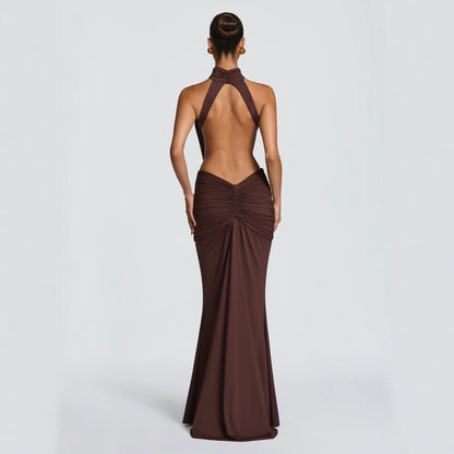 Fashionable sexy backless halterneck hip skirt slim pleated streamer dress