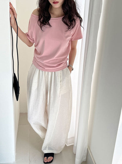Korean simple niche design one-word off-the-shoulder short-sleeved women's summer new diagonal collar loose T-shirt