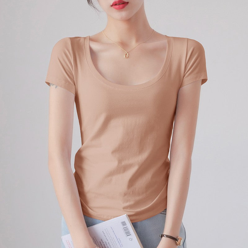 Round Neck Short Sleeve T-Shirt Women Slim Fit Cotton Base Layer Top