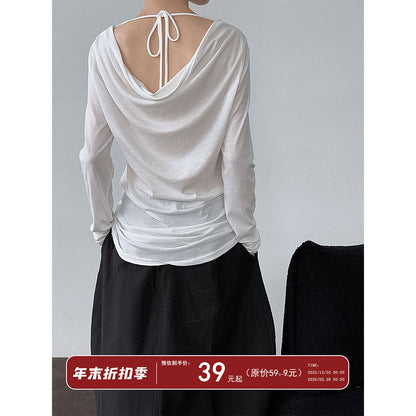 Korean design back swing neck strap T-shirt summer sunscreen bottoming shirt