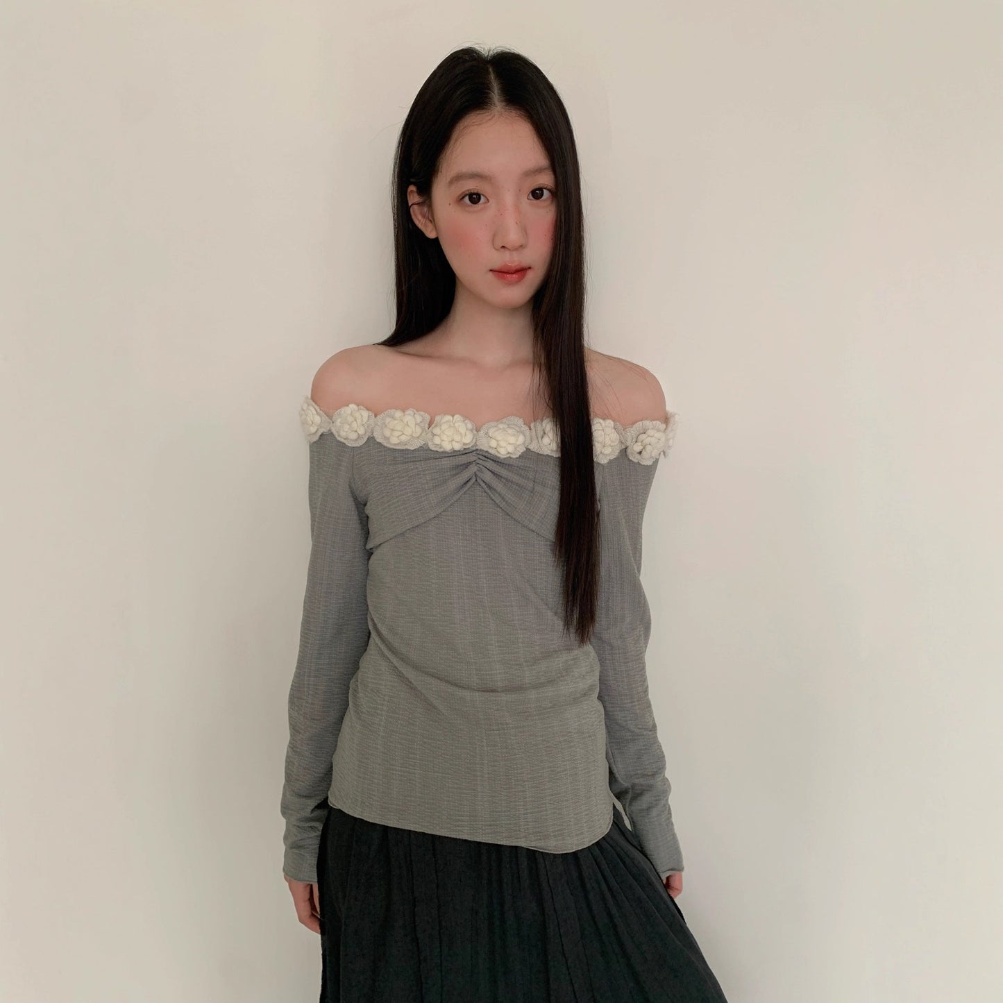 3D Floral Off-Shoulder Top – Sweet One-Shoulder Long Sleeve Blouse