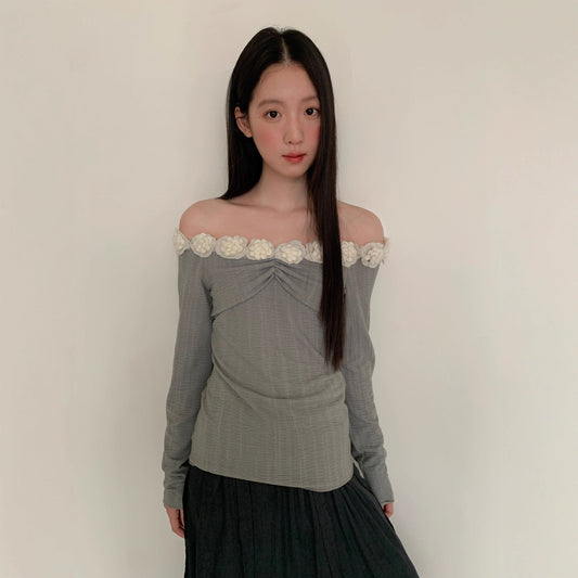 3D Floral Off-Shoulder Top – Sweet One-Shoulder Long Sleeve Blouse