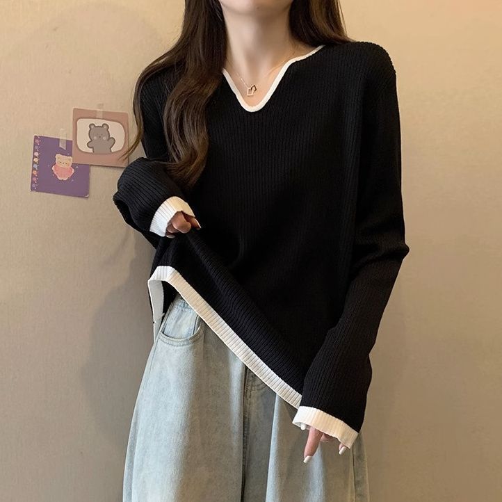 Color Block Long Sleeve T-Shirt Women Loose Fit V-Neck Mid-Length Top