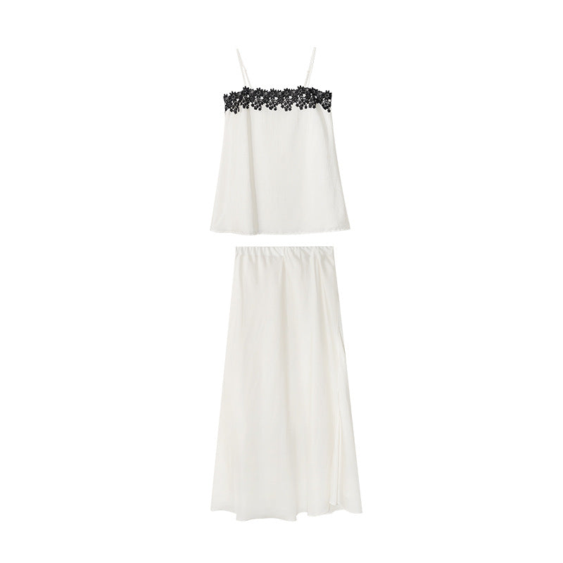 Pure desire style sexy lace suspender + drape silky skirt set