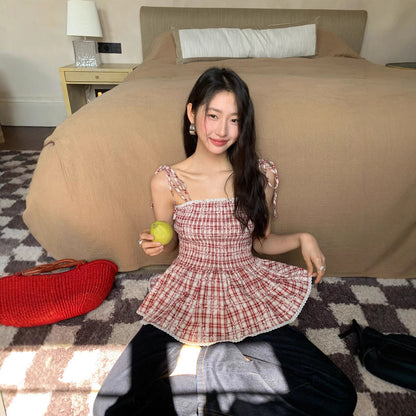 French sweet age-reducing plaid suspender tube top