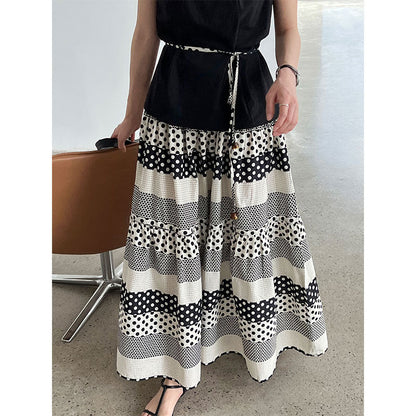 Korean simple flying sleeve top summer new polka dot contrasting color splicing skirt set