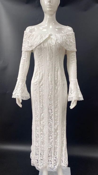 New sexy one-word shoulder lace dress temperament tube top long dress slim fishtail dress