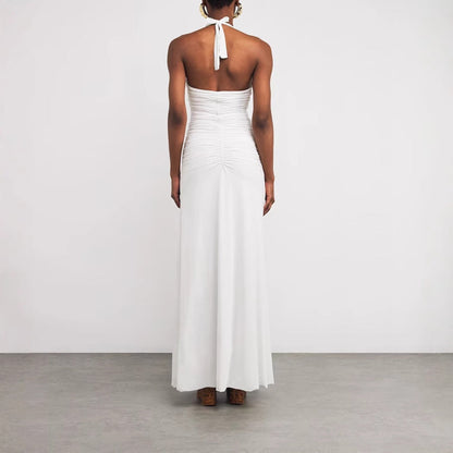 Women's new solid color elegant neck deep V waist long dress sexy backless pleated dress women