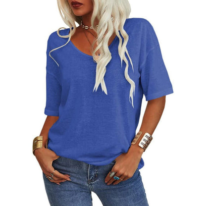 V-Neck Short Sleeve T-Shirt Women Loose Fit Casual Cotton Top