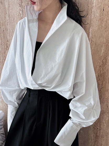 Silhouette stacked stand-up collar deep V-neck white shirt women's lazy bat sleeve temperament large version commuter shirt