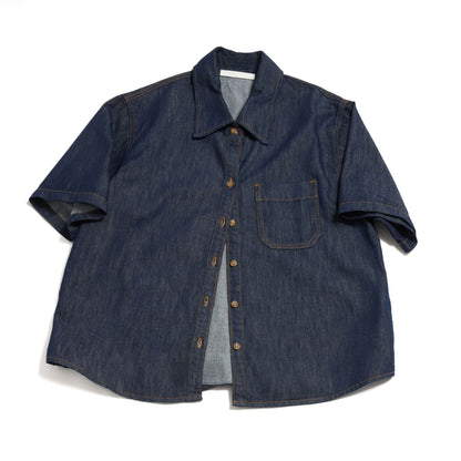 Summer new casual lapel tencel cotton patch bag versatile skin-friendly denim short-sleeved shirt
