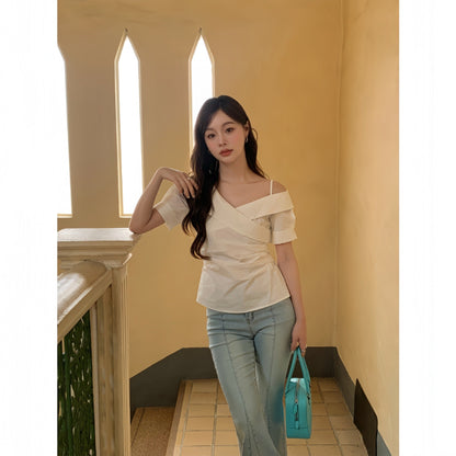 Gentle temperament design diagonal shoulder collar waist shirt