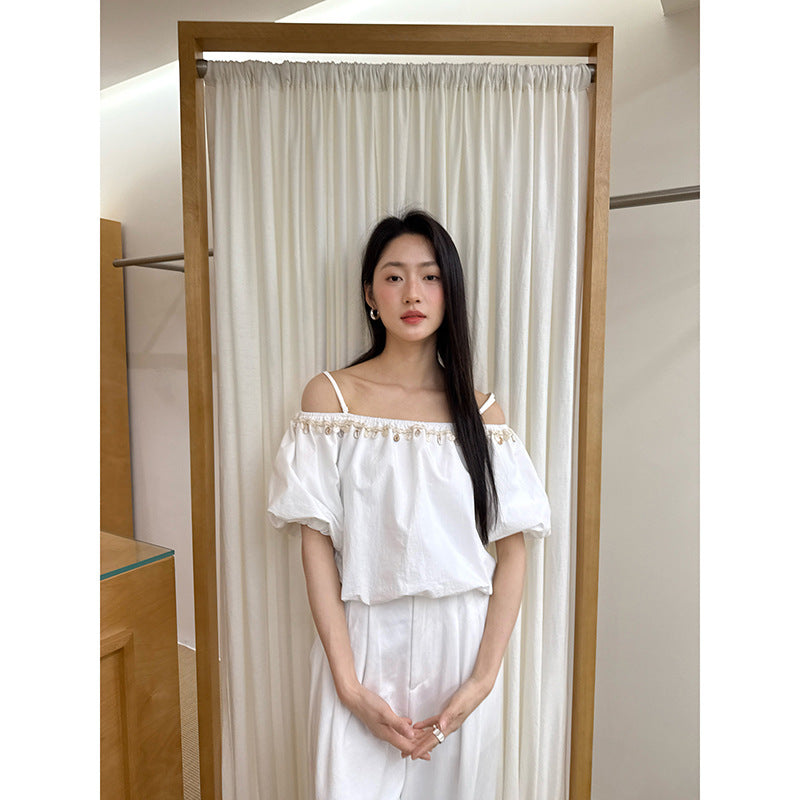 Exquisite and beautiful shirt off-the-shoulder one-shoulder suspender top