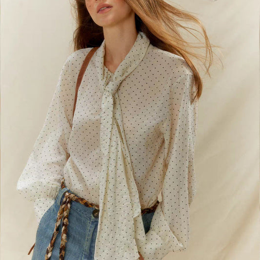 Europe, America and the United States autumn new French temperament classic polka dot streamer double wearing loose long-sleeved shirt