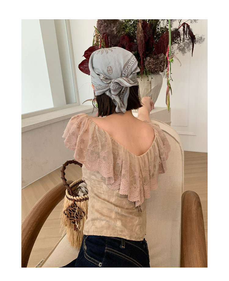 Slim-fit backless sexy ruffle-edged lace shirt top