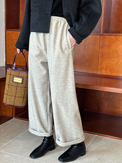 Korean version autumn and winter imitation cashmere grandma pants nine-point wide-leg pants elastic waist wool woolen pants women