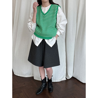 Temperament V-neck contrasting striped sweater women