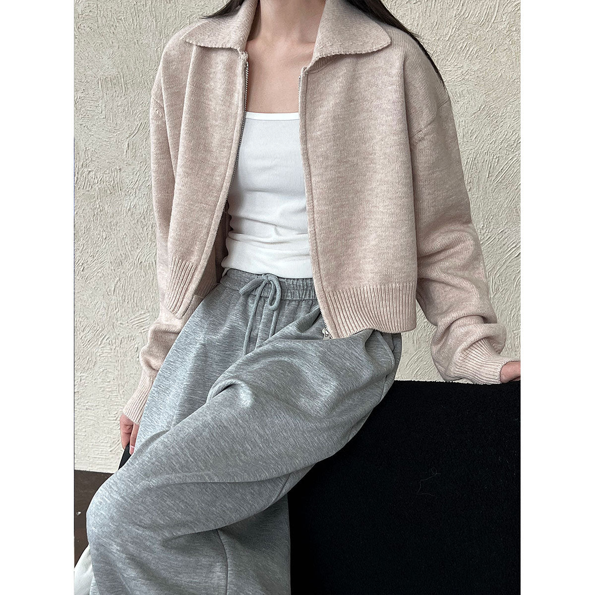High-end short double zipper sweater jacket women's autumn knit cardigan polo lapel top