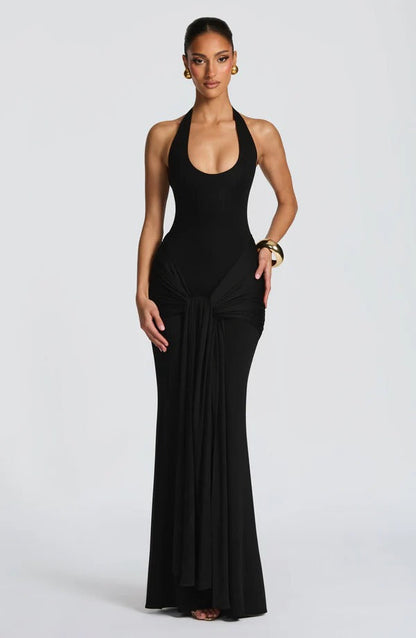 New fashion streamer splicing suspender long dress slim-fitting hip-wrapped European and American style neck dress dress