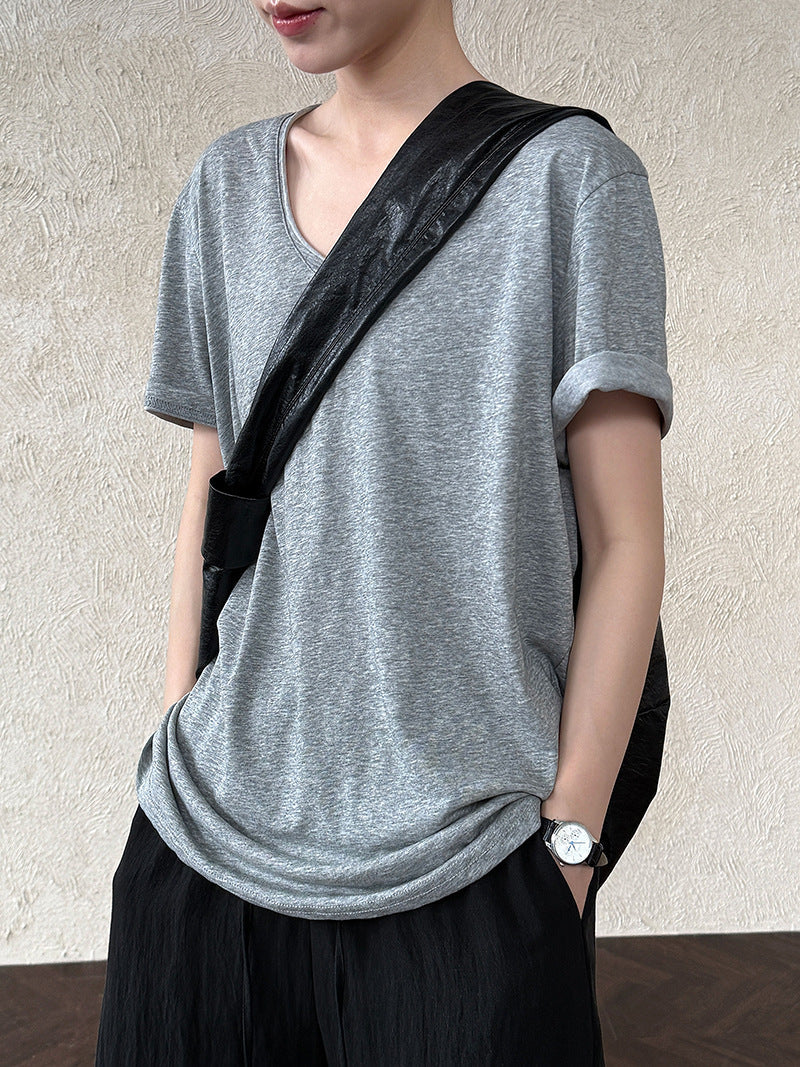 Relaxed fit snowflake texture rolled hem v-neck short sleeve women's summer new loose basic t-shirt top