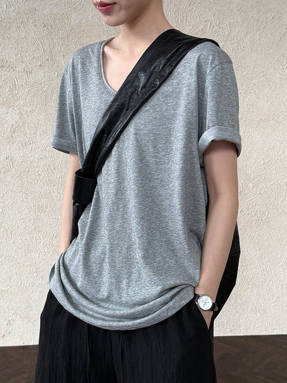 Relaxed fit snowflake texture rolled hem v-neck short sleeve women's summer new loose basic t-shirt top